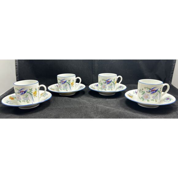 Lec Limoges France LeClair Bird & Floral Porcelain Cup & Saucers. Set Of 4 - Picture 1 of 10
